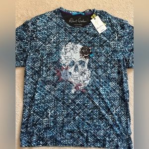 NWT New Robert Graham Embroidered Skull Floral Blue T-Shirt Top Exclusive XL